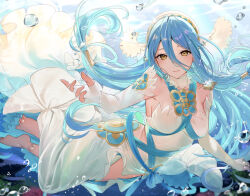  1girl azura_(fire_emblem) barefoot blue_hair breasts commentary_request dress elbow_gloves fingerless_gloves fire_emblem fire_emblem_fates floating_hair gloves hair_between_eyes hairband haru_(nakajou-28) jewelry long_hair looking_at_viewer medium_breasts nintendo smile solo submerged swimming toes underwater veil very_long_hair water white_dress yellow_eyes 
