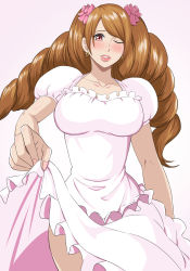  1girl bare_legs breasts charlotte_pudding clothes_lift curvy cyukumba dress dress_lift earrings embarrassed female_focus highres jewelry large_breasts looking_at_viewer one_piece shiny_skin simple_background solo upper_body wedding_dress  rating:Sensitive score:29 user:fakyuh