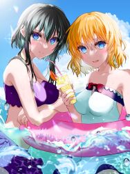  2girls afloat bikini blue_sky blush cloud cup day drink drinking_straw fire_emblem fire_emblem:_genealogy_of_the_holy_war food highres holding holding_cup holding_drink ice lana_(fire_emblem) larcei_(fire_emblem) looking_at_viewer mu_tu_bu multiple_girls nintendo one-piece_swimsuit open_mouth orange_hair outdoors partially_submerged short_hair sky smile swimsuit tropical_drink water wet 