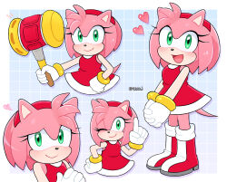  ;) amy_rose animal_nose artist_name boots bracelet dress full_body furry furry_female gloves gold_bracelet green_eyes hairband hammer heart hedgehog hedgehog_ears hedgehog_girl hedgehog_tail highres hobi_(4622j) holding holding_hammer jewelry looking_at_viewer multiple_views one_eye_closed open_mouth pink_fur red_dress red_footwear red_hairband simple_background smile solo sonic_(series) toy_hammer white_gloves  rating:General score:1 user:danbooru