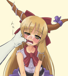  1girl bad_id bad_pixiv_id blonde_hair blush brown_eyes cum cum_in_mouth cum_on_tongue empty_eyes facial finger_in_another&#039;s_mouth finger_in_own_mouth half-closed_eyes horns ibuki_suika loli long_hair muumuu open_mouth solo_focus torn_clothes touhou uneven_eyes  rating:Explicit score:61 user:danbooru