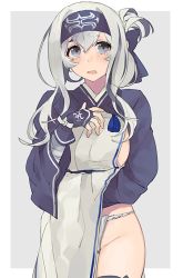 10s 1girl ainu ainu_clothes bandana black_thighhighs blue_eyes blush breasts cropped_jacket folded_ponytail fundoshi hand_under_clothes headband hita_(hitapita) japanese_clothes kamoi_(kancolle) kantai_collection long_hair long_sleeves looking_at_viewer open_mouth sideboob sidelocks simple_background solo thick_eyebrows thighhighs underwear white_background white_hair wrist_guards rating:Questionable score:12 user:danbooru