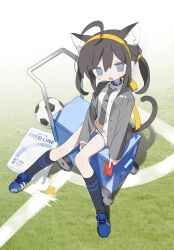  1girl ahoge animal_collar animal_ear_fluff animal_ears ball between_legs blue_footwear brown_hair card cat_ears cat_girl cat_tail collar collared_shirt commentary daizu_(melon-lemon) day full_body grey_eyes grey_jacket grey_necktie hand_between_legs highres holding holding_card jacket kneehighs line_marker long_sleeves looking_at_viewer medium_hair necktie no_pants open_clothes open_jacket open_mouth original outdoors paint panties red_card shirt shoes sitting sneakers soccer_ball soccer_field socks solo striped_clothes striped_panties symbol-only_commentary tail tie_clip twintails underwear white_shirt yellow_card 