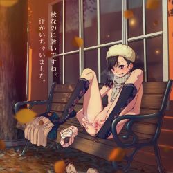 1girl anus argyle argyle_clothes argyle_legwear autumn bad_id bad_pixiv_id bench black_hair black_socks blush breasts breath brown_eyes clitoral_hood clitoris exhibitionism fall feet female_focus hat highres kneehighs leaf loli looking_at_viewer naked_scarf nipples nude original outdoors panties pink_panties polka_dot polka_dot_panties presenting public_indecency pussy pussy_juice pussy_juice_puddle red_eyes scarf sitting small_breasts smile socks solo spread_legs spread_pussy steam steaming_body text_focus translated uncensored underwear unworn_clothes unworn_panties urethra yamada_(gotyui) rating:Explicit score:638 user:danbooru