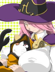  1boy 1girl animal_ears animal_hood arc_system_works between_breasts blazblue blazblue_phase_0 blush breasts cat cat_ears cat_hood cat_tail couple covered_erect_nipples eyepatch hair_over_one_eye hat head_between_breasts hood huge_breasts interracial jubei_(blazblue) konoe_a._mercury long_hair looking_down looking_up multiple_tails pink_hair red_eyes sansaisansai sidimi size_difference smile sweatdrop tail whiskers witch_hat yellow_eyes 
