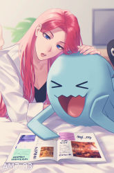 1girl absurdres alternate_hairstyle barefoot bed black_camisole blue_eyes breasts camisole cleavage collared_shirt commentary creatures_(company) day english_commentary game_freak gen_2_pokemon highres indoors jessie_(pokemon) lips long_hair long_sleeves lying magazine_(object) medium_breasts nintendo on_stomach open_clothes open_mouth open_shirt parted_bangs pink_hair plant pokemon pokemon_(anime) pokemon_(creature) reading ruru_(gi_xxy) shirt straight_hair sunlight television timestamp unbuttoned unbuttoned_shirt white_shirt wobbuffet rating:Sensitive score:16 user:danbooru