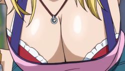 1girl animated animated_gif blonde_hair bouncing bouncing_breasts breasts cleavage fairy_tail head_out_of_frame large_breasts lucy_heartfilia shiny_skin rating:Questionable score:60 user:lkuroi