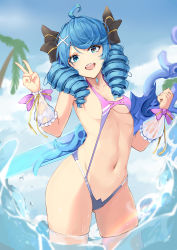 1girl :d absurdres ahoge alternate_costume bare_shoulders beach bikini black_bow blue_hair bow breasts cowboy_shot day drill_hair green_eyes groin gwen_(league_of_legends) hair_bow hair_ornament hand_up highres holding holding_scissors holding_weapon league_of_legends long_hair medium_breasts navel open_mouth outdoors oversized_object pink_bikini revival scissors smile solo swimsuit teeth twin_drills twintails upper_teeth_only v water weapon x_hair_ornament rating:Sensitive score:42 user:danbooru