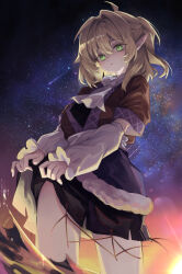  1girl absurdres ascot black_skirt blonde_hair brown_shirt clothes_lift commentary_request cowboy_shot green_eyes hair_intakes highres long_hair looking_at_viewer mizuhashi_parsee open_mouth outdoors pointy_ears scarf shirt short_sleeves skirt skirt_lift sky solo star_(sky) starry_sky tadano1129 thighs touhou white_arm_warmers white_ascot white_scarf 