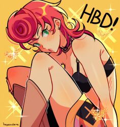  1girl absurdres artist_name black_bra boots bra choker commentary curled_up english_commentary green_eyes happy_birthday highres huyandere jojo_no_kimyou_na_bouken looking_at_viewer math o3o pink_hair pink_lips pompadour skirt solo sparkle trish_una underwear yellow_background 