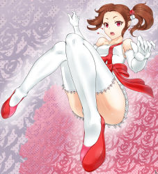  1girl bad_id bad_pixiv_id bow brown_hair censored chiikana convenient_censoring convenient_leg dress earrings elbow_gloves gloves hair_bobbles hair_ornament idolmaster idolmaster_(classic) jewelry long_hair minase_iori necklace open_mouth pink_eyes solo thighhighs twintails white_gloves white_thighhighs yoshiwa_tomo  rating:Sensitive score:8 user:danbooru