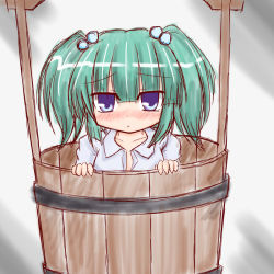  1girl :&lt; bad_id bad_pixiv_id blue_eyes blush bucket collarbone frown gradient_background green_eyes green_hair hair_bobbles hair_ornament in_bucket in_container kisume looking_at_viewer matching_hair/eyes o_omune_(kagu8) open_clothes open_shirt shirt short_hair simple_background sketch solo touhou twintails 
