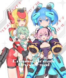  absurdres aqua_eyes aqua_hair blonde_hair blue_eyes blue_hair braid breasts carrying carrying_person cerauniae china_dress chinese_clothes cleavage collaboration cosmic_break crimrose crossover desktop_army detached_sleeves double_bun dress fang hair_bun hands_up headgear highres large_breasts lily_rain long_hair looking_at_viewer mecha_musume mechanical_skirt multiple_girls open_mouth pink_hair purple_eyes red_eyes sharp_teeth short_hair sideboob sidelocks skin_fang small_breasts smile sylphy_(desktop_army) teeth titania_genbu_(cosmic_break) twintails 