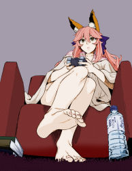  10s 1girl animal_ears artist_request barefoot book bottle controller couch fate/extra fate/grand_order fate_(series) feet fox_ears kitsune playing sitting soles tamamo_(fate) tamamo_no_mae_(fate/extra) third-party_edit toes water_bottle  rating:Questionable score:19 user:ohnononononono
