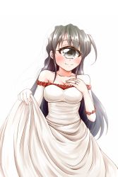  10s 1girl ai_(monster_musume) akahito_(kemoyuru) bare_shoulders black_eyes black_hair bridal_veil collarbone cowboy_shot cyclops dress hand_on_own_chest highres jewelry long_hair monster_girl monster_musume_no_iru_nichijou monster_musume_no_iru_nichijou_online one-eyed ring simple_background smile solo veil wedding_band wedding_dress wedding_ring white_background 