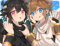  2boys :&gt; armlet black_gloves black_hair black_scarf black_shirt blue_eyes blue_sky brown_hair closed_mouth cloud cloudy_sky commentary_request dark_pit day feathered_wings fingerless_gloves gloves hair_ornament hand_on_another&#039;s_cheek hand_on_another&#039;s_chest hand_on_another&#039;s_face kid_icarus kid_icarus_uprising light_blush looking_at_viewer male_focus middle_finger multiple_boys nintendo osippo outdoors pit_(kid_icarus) red_eyes scarf shirt short_hair short_sleeves sky spiked_hair star_(symbol) tongue tongue_out white_scarf wings 