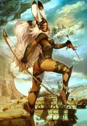 00s 1girl animal_ears arrow_(projectile) ass back bow cloud dark-skinned_female dark_skin ears_through_headwear final_fantasy final_fantasy_xii fran_(ff12) from_side genzoman high_heels long_hair looking_back rabbit_ears red_eyes revealing_clothes ship solo square_enix tagme thighhighs viera watercraft white_hair  rating:Sensitive score:38 user:zazae