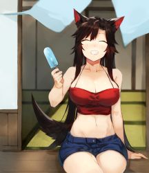 1girl ^_^ animal_ear_fluff animal_ears arm_support bad_id bad_pixiv_id bare_arms bare_shoulders black_hair blush breasts camisole cleavage closed_eyes collarbone commentary_request cowboy_shot crop_top denim denim_shorts facing_viewer food grin groin halterneck hand_up holding holding_food imaizumi_kagerou large_breasts long_hair midriff navel popsicle shadow short_shorts shorts sidelocks sitting sliding_doors smile solo stomach suminagashi tail tatami thighs touhou very_long_hair wolf_ears wolf_tail rating:Sensitive score:25 user:danbooru