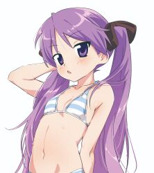  1girl absurdres arm_behind_head bikini black_ribbon blush breasts collarbone hair_ribbon hand_up highres hiiragi_kagami hotaru_iori ichimi_renge linea_alba long_hair looking_at_viewer lucky_star navel open_mouth purple_eyes purple_hair ribbon second-party_source simple_background small_breasts solo stomach striped_bikini striped_clothes swimsuit twintails upper_body very_long_hair water_drop wet wet_hair white_background 