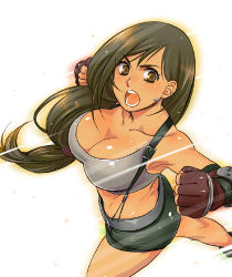  1990s_(style) 1girl amemoo bad_id bad_pixiv_id belt breasts brown_eyes brown_hair cleavage earrings elbow_gloves female_focus final_fantasy final_fantasy_vii fingerless_gloves gloves jewelry large_breasts long_hair low-tied_long_hair lowres midriff miniskirt open_mouth pencil_skirt retro_artstyle saida_nika skirt solo square_enix suspender_skirt suspenders tank_top tifa_lockhart 