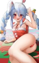  1girl absurdres animal_ear_fluff animal_ears bad_id bad_twitter_id blue_hair blurry blurry_foreground blush braid cadorunrun cape capelet christmas eyelashes fur-trimmed_cape fur_trim gradient_hair hair_between_eyes highres hololive long_hair looking_at_viewer multicolored_hair panties pantyshot rabbit_ears rabbit_girl red_eyes santa_costume short_eyebrows smile solo strapless symbol-shaped_pupils tagme thick_eyebrows tube_top twin_braids two-tone_hair underwear usada_pekora very_long_hair virtual_youtuber white_hair  rating:Sensitive score:19 user:sippindippin