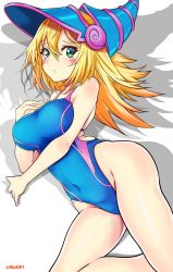  1girl absurdres aiuti blonde_hair blue_hair blue_one-piece_swimsuit blush_stickers breasts competition_swimsuit covered_navel cowboy_shot dark_magician_girl green_eyes groin hat highres large_breasts long_hair one-piece_swimsuit solo swimsuit twitter_username white_background wizard_hat yu-gi-oh!  rating:Sensitive score:31 user:danbooru