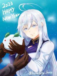  1girl 2023 86_-eightysix- adapted_costume antenna_hair blue_background brown_gloves coat colored_eyelashes gloves grey_eyes grey_hair hair_between_eyes happy_new_year highres holding kamatanu_free long_hair new_year snow_rabbit solo_focus straight_hair twitter_username very_long_hair vladilena_millize white_coat 