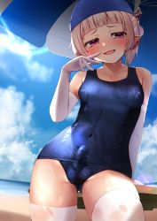  1boy blonde_hair blush bulge erection erection_under_clothes gesugao gloves hair_ornament highres kuro_yanagi navel one-piece_swimsuit open_mouth princess_connect! shadow shiny_clothes shiny_skin shota swim_cap swimsuit thighhighs tight_clothes trap wet wet_clothes wet_hair wet_swimsuit white_gloves yuki_(princess_connect!)  rating:Explicit score:101 user:trapsack