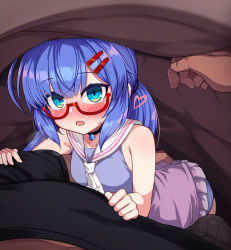  1boy 1girl ahoge bell black_choker black_shirt blue_eyes blue_hair blue_panties blush breasts bulge choker collarbone erection erection_under_clothes glasses hair_between_eyes hair_ornament hairclip heart highres jingle_bell long_hair neck_bell null_(nyanpyoun) open_mouth otomachi_una panties pleated_skirt red-framed_eyewear sailor_collar semi-rimless_eyewear shirt skirt sleeveless small_breasts solo_focus talkex twintails under-rim_eyewear under_covers underwear vocaloid  rating:Questionable score:120 user:danbooru