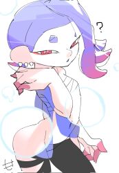  ? blue_hair blue_shawl bubble cephalopod_eyes chest_sarashi earrings highres jewelry looking_at_viewer mocamocaink multicolored_hair multiple_earrings nintendo octoling pink_hair red_eyes sarashi shawl shiver_(splatoon) simple_background splatoon_(series) splatoon_3 tagme tentacle_hair tooth_earrings white_background 