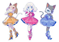  3girls :o black_fur blood blood_on_clothes blood_splatter blue_bow blue_bowtie blue_dress blue_eyes blue_footwear blush_stickers boots bow bowtie brown_fur calico cat_girl character_name dog_girl dress frilled_dress frilled_sleeves frills full_body furry furry_female green_eyes hand_on_own_chin hand_on_own_face high_heel_boots high_heels highres ichimura_shiho mask multiple_girls nikaidou_rui odd_taxi omochiutyu one_eye_closed orange_dress orange_eyes orange_footwear pink_bow pink_dress pink_footwear puffy_short_sleeves puffy_sleeves red_bow red_bowtie romaji_text short_sleeves smile spoilers two-tone_fur wadagaki_sakura when_you_see_it white_fur yellow_bow 