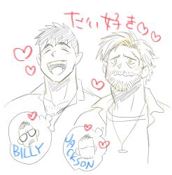  2boys :d bara billy_russell_(dickfish) collared_shirt cropped_torso dickfish_(fishismdick) facial_hair happy heart highres jackson_(wrath_of_man) jan_(wrath_of_man) john_rottweil_(dickfish) laughing loving_aura male_focus mature_male multiple_boys mustache not_present open_mouth original sanpaku shirt short_hair sketch smile thick_eyebrows thought_bubble traditional_media wavy_mouth wrath_of_man yaoi 