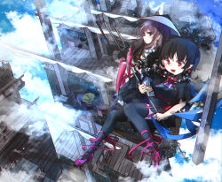  2girls :d ajirogasa arawara asymmetrical_wings beads black_dress black_hair blue_wings bow bowtie closed_mouth commentary_request cross-laced_clothes dress hat high_heels highres hijiri_byakuren houjuu_nue long_sleeves multiple_girls open_mouth outdoors palanquin_ship pointy_ears prayer_beads red_bow red_bowtie red_eyes red_footwear red_wings short_hair short_sleeves sidelocks smile touhou wings 