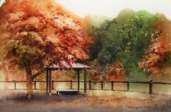  autumn_leaves bench dappled_sunlight fence forest highres leaf maple_leaf maple_tree nature no_humans original park park_bench path plant post_and_rail_fence road scenery shelter shimizu_megumi_(m_acquerello) sunlight tree wooden_fence 