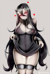 10s 1girl abyssal_ship artist_name battleship_princess black_hair blush breasts cleavage commentary_request curvy covered_erect_nipples hi_ye horns kantai_collection large_breasts long_hair looking_at_viewer panties red_eyes see-through smile solo string_panties underwear very_long_hair wide_hips rating:Questionable score:38 user:danbooru