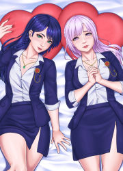  2girls bed blue_hair collar dead_or_alive fiona_(doa) green_eyes highres lipstick lobelia_(doa) long_hair looking_at_viewer makeup momiji_mikan multiple_girls office_lady own_hands_together pink_lips purple_eyes purple_hair shirt skirt tight_clothes tight_shirt tight_skirt 