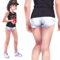  1girl artist_request ass baseball_cap blush brown_hair close-up flat_chest from_behind hat loli shirt shoes short_shorts shorts sneakers t-shirt thigh_gap  rating:Questionable score:34 user:wait_slabe