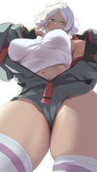  1girl armpits asticassia_school_uniform breasts commentary_request contrapposto dark-skinned_female dark_skin from_below green_eyes gundam gundam_suisei_no_majo ion_(cation) large_breasts long_sleeves looking_at_viewer looking_down navel school_uniform secelia_dote short_hair simple_background solo thick_thighs thighhighs thighs white_background white_hair white_thighhighs  rating:Sensitive score:58 user:danbooru