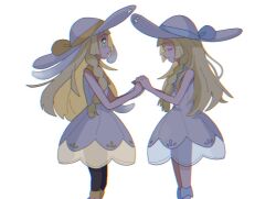  2girls bare_shoulders black_pantyhose blonde_hair braid closed_eyes closed_mouth creatures_(company) dress game_freak gen_7_pokemon green_eyes hat holding_hands lillie_(nihilego) lillie_(pokemon) long_hair looking_at_another multiple_girls nihilego nintendo pantyhose pokemon pokemon_(anime) pokemon_journeys seiun_(hoshigumo_72) smile tearing_up twin_braids ultra_beast white_background white_dress white_headwear 