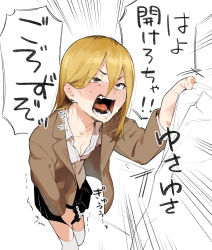  1girl absurdres blonde_hair blush breasts brown_eyes cleavage collar_grab earrings have_to_pee highres jewelry long_hair muchi_maro open_mouth original school_uniform sweat tongue translated delinquent  rating:General score:47 user:danbooru