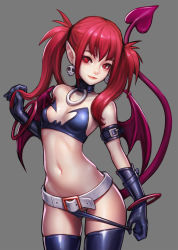  1girl bandeau bare_shoulders belt belt_buckle black_choker black_gloves blue_panties blue_thighhighs bracelet breasts buckle choker closed_mouth commentary cowboy_shot demon_girl demon_tail demon_wings disgaea earrings elbow_gloves etna_(disgaea) gloves grey_background hair_between_eyes head_tilt highres holding holding_own_hair jewelry jungon_kim long_hair looking_at_viewer navel panties panty_pull pulling_own_clothes purple_wings red_eyes red_hair sidelocks simple_background skull_earrings small_breasts smile solo strapless tail thighhighs twintails underwear white_belt wings  rating:Questionable score:106 user:danbooru