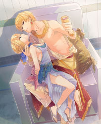  1boy 1girl ahoge alcohol alternate_costume arms_behind_back artoria_pendragon_(all) artoria_pendragon_(fate) bad_id bad_pixiv_id bare_legs bdsm blonde_hair bondage bound bound_wrists bracelet breasts cleavage cup dress drinking_glass dutch_angle earrings fate/stay_night fate_(series) gilgamesh_(fate) green_eyes hetero irono_(irtyu) jewelry manly medium_breasts necklace red_eyes saber_(fate) sandals topless_male short_hair sideboob throne wine wine_cup wine_glass  rating:Sensitive score:34 user:danbooru
