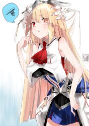  1girl ascot blonde_hair blue_skirt breast_pocket breasts brooklyn_(kancolle) flower hair_flower hair_ornament headgear kantai_collection kimura_shiki large_breasts long_hair looking_at_viewer one-hour_drawing_challenge overskirt pocket red_ascot red_eyes skirt sleeveless sleeveless_jacket solo spoken_squiggle squiggle undershirt white_flower 