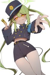  1girl :3 absurdres asymmetrical_bangs belt black_belt black_hat black_jacket black_shorts black_tail blue_archive chirpy closed_mouth contrapposto cowboy_shot crop_top demon_tail dot_nose dutch_angle earrings feet_out_of_frame fingernails foreshortening gluteal_fold green_hair green_halo hair_between_eyes halo hat highlander_twintails_conductor_(blue_archive) highres jacket jewelry legs_together long_hair long_sleeves looking_at_viewer outstretched_arm pantyhose peaked_cap pointy_ears short_shorts shorts simple_background single_earring sleeves_past_wrists solo standing tail thigh_gap thighhighs twintails white_background white_pantyhose white_thighhighs yellow_eyes 