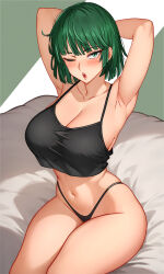  1girl ;o absurdres armpits arms_behind_head arms_up black_camisole black_panties blush bob_cut breasts camisole cetta_(cettadvd) cleavage curvy fubuki_(one-punch_man) green_eyes green_hair highres large_breasts looking_at_viewer navel one-punch_man one_eye_closed open_mouth panties short_hair sitting stomach thighs underwear  rating:Sensitive score:26 user:danbooru