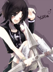  00s 1990s_(style) 1girl black_hair boots brown_eyes detached_sleeves female_focus final_fantasy final_fantasy_vii final_fantasy_vii_advent_children jacket open_mouth short_hair shorts shuriken solo tank_top utsusemi069 weapon wink wristband yuffie_kisaragi 