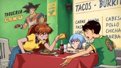  1boy 2girls :t apron arguing arizona_(drink) arm_support ayanami_rei beer_bottle beige_shirt black_eyes black_hair blue_choker blue_eyes blue_hair blue_skirt bob_cut bottle bracelet breasts brown_hair canned_tea chair choker closed_mouth club_america coca-cola commentary cowboy_shot dragon_ball dragonball_z drinking_straw earrings eating english_commentary food fruit furrowed_brow green_shirt hair_between_eyes hairpods highres holding holding_bottle holding_food holding_plate ikari_shinji interface_headset jewelry leaning_on_table lime_(fruit) long_hair looking_at_another medium_breasts mexican_dress mexico mrmiguelart multiple_girls muscular muscular_male neon_genesis_evangelion open_mouth orange_hair orange_shirt patio_chair plate pleated_skirt polo_shirt red_eyes shirt short_hair short_sleeves sign signature sitting skirt smile son_goku souryuu_asuka_langley spanish_text speaker standing table tablecloth taco teeth translated two_side_up upper_teeth_only v-shaped_eyebrows virgen_de_guadalupe virgin_mary virgin_of_guadalupe white_apron yellow_shirt 