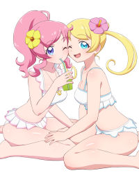 2girls ;d aqua_eyes bikini bikini_skirt blonde_hair blue_eyes breasts character_request cleavage closed_eyes commentary_request cup disposable_cup drink drinking_straw flower frilled_bikini frills hair_flower hair_ornament hibiscus jewelry kiratto_pri_chan long_hair looking_at_viewer medium_breasts multiple_girls necklace one_eye_closed open_mouth pink_hair ponytail pretty_series sidelocks sitting smile swimsuit tropical_drink twintails umi_no_tarako wariza white_background white_bikini