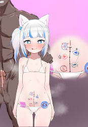  1girl animal_ears bare_shoulders bikini body_writing cat_ears cum dark-skinned_male dark_skin gawr_gura heart heart-shaped_pupils height_difference highres hololive hololive_english interracial kani_bonara loli looking_at_viewer measuring micro_bikini multicolored_hair penis penis_measuring pink_background side_ponytail smile standing steaming_body swimsuit symbol-shaped_pupils tongue tongue_out virtual_youtuber white_bikini white_hair 