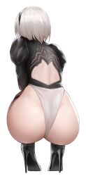  1girl 2b_(nier:automata) absurdres ass back_cutout black_hairband boots clothing_cutout commentary_request curvy from_behind full_body hairband high_heel_boots high_heels highleg highleg_leotard highres huge_ass kurone_rinka leotard long_sleeves nier:automata nier_(series) puffy_sleeves shiny_skin short_hair simple_background solo squatting stiletto_boots stiletto_heels sweat sweatdrop thigh_boots thighs thong_leotard white_background white_hair white_leotard wide_hips  rating:Sensitive score:88 user:danbooru